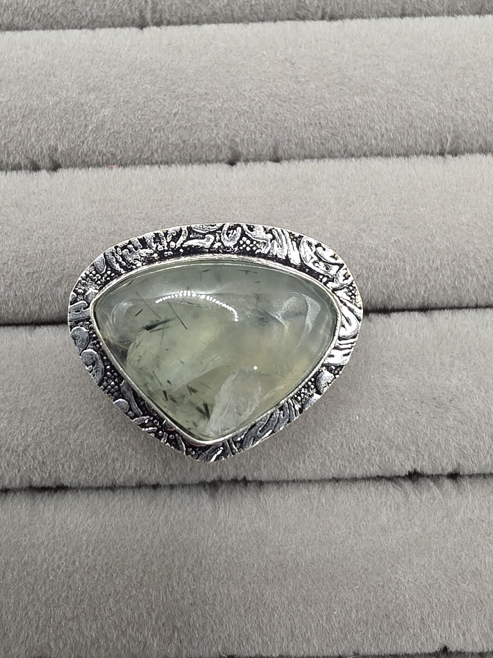 Silver-Accent Prehnite Gemstone Statement Ring Size 8 1/2